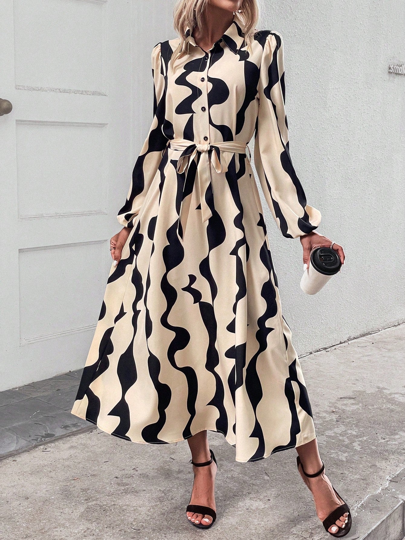 Allover Print Lantern Sleeve Belted Shirt Dress