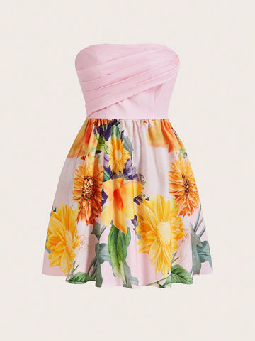 Floral Print Ruched Tube Dress