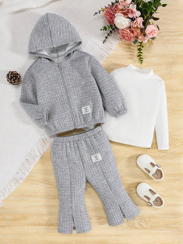 Baby Girl Letter Patched Detail Zip Up Hoodie & Split Hem Flare Leg Pants & Tee