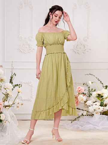 Off Shoulder Ruffle Trim Wrap Hem Dress