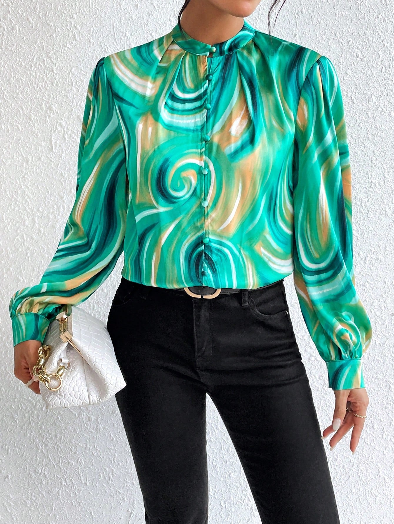 Allover Print Mock Neck Lantern Sleeve Blouse