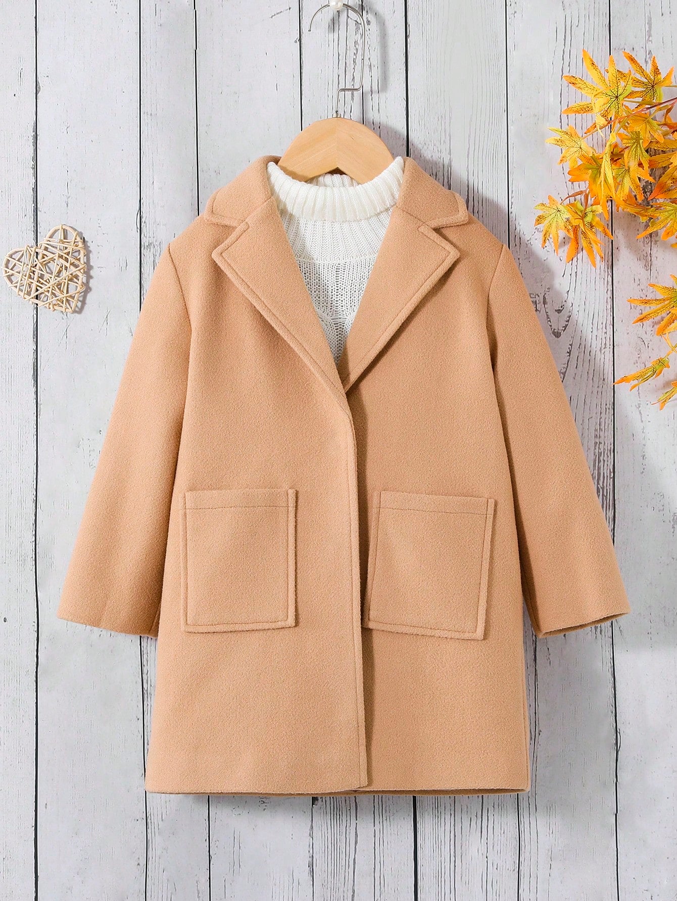 Young Girl 1pc Double Pocket Lapel Neck Overcoat