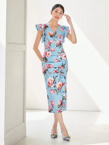 Surplice Neck Floral Print Ruched Armhole Dress