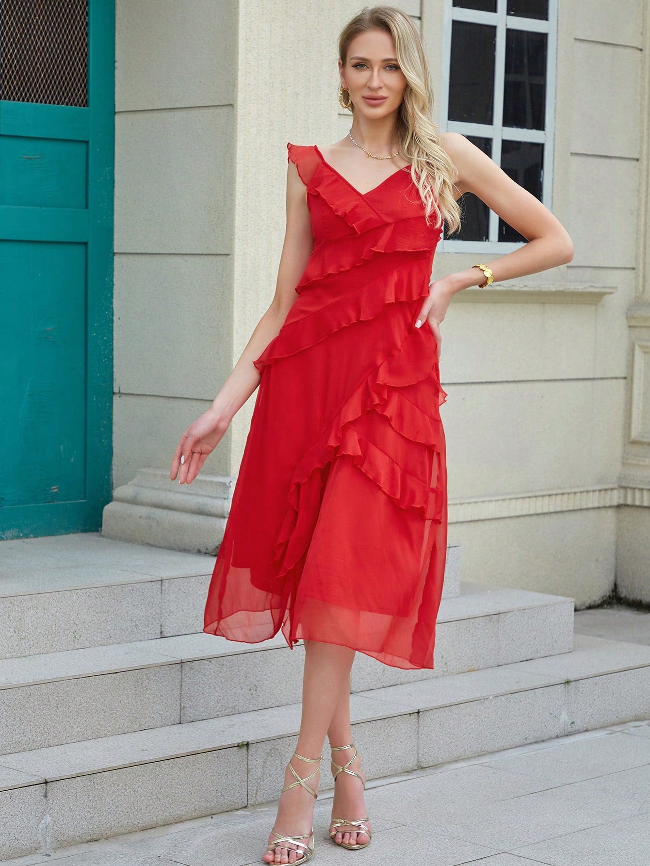 Ruffle Trim Chiffon Dress