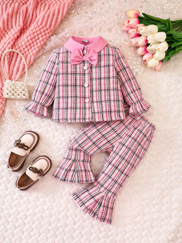 Baby Girl Plaid Print Flare Sleeve Bow Front Shirt & Flare Leg Pants