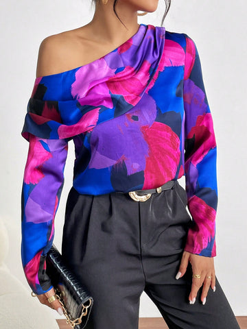 Allover Print Asymmetrical Neck Blouse