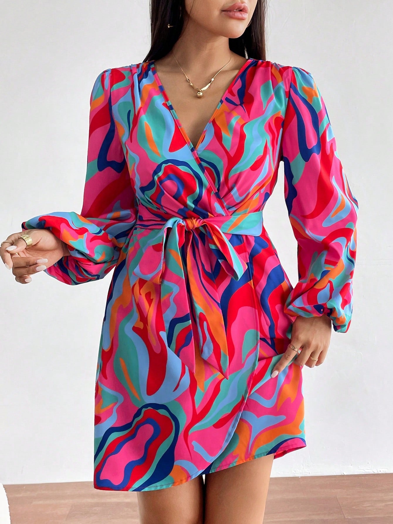 Allover Print Lantern Sleeve Belted Dress