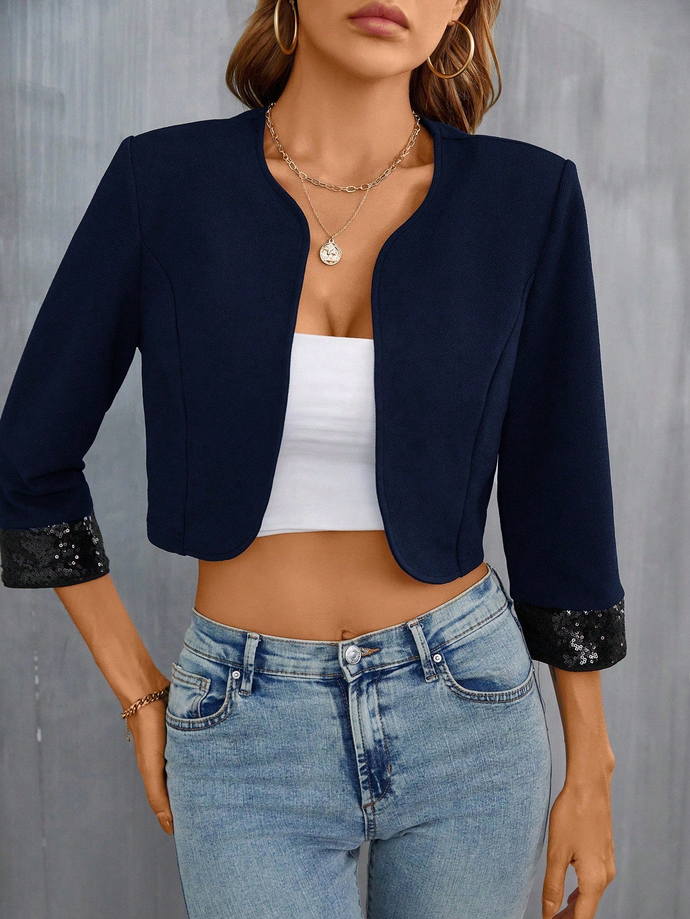 Contrast Sequin Cuff Open Front Crop Jacket