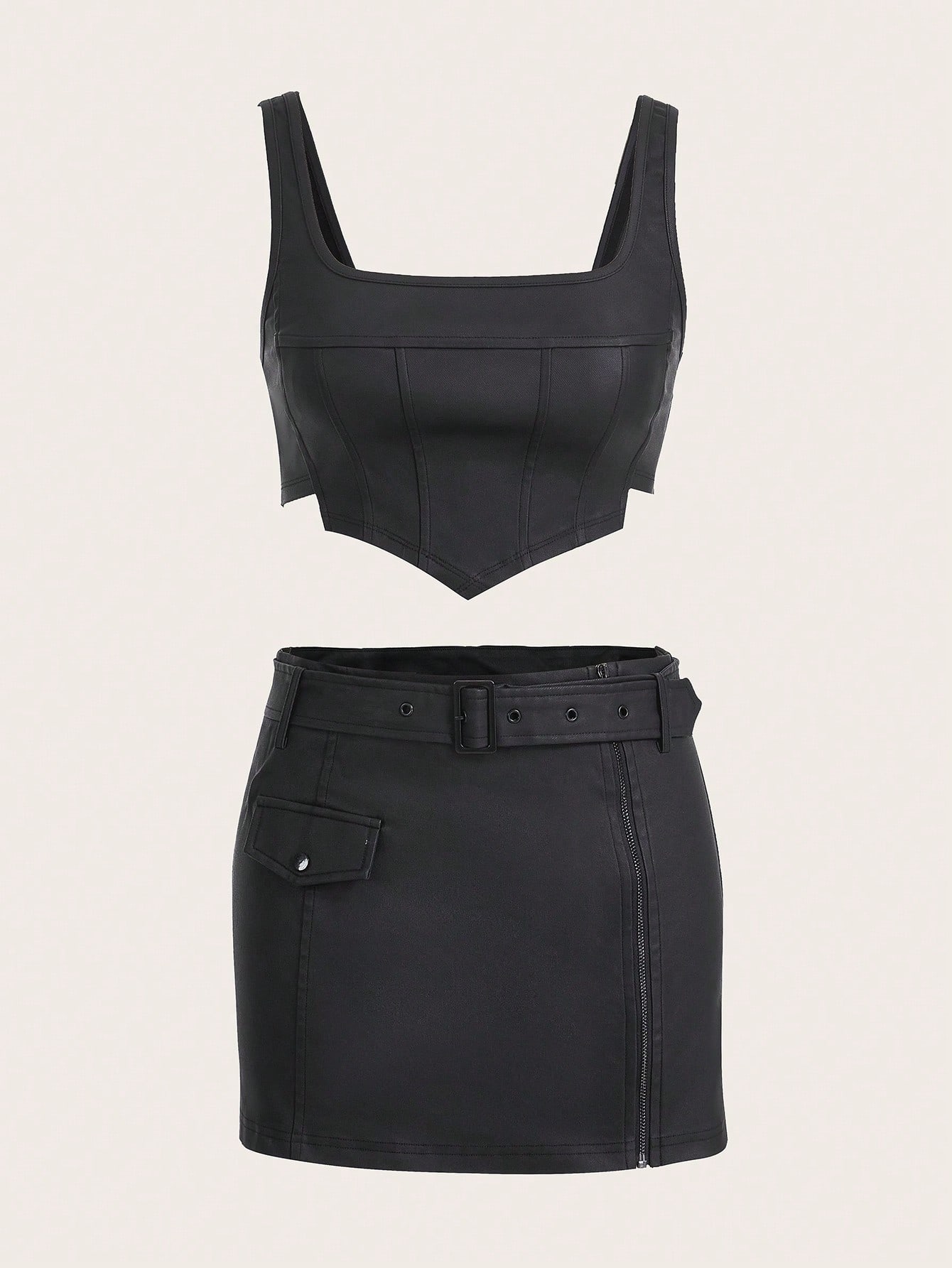 Asymmetrical Hem PU Leather Tank Top & Belted Skirt