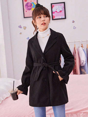 Teen Girl Lapel Neck Flounce Sleeve Belted Overcoat