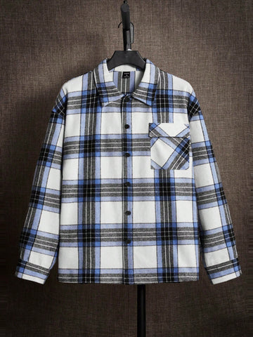 Loose Fit Men's Plaid Print Drop Shoulder Overcoat With Flap Pockets