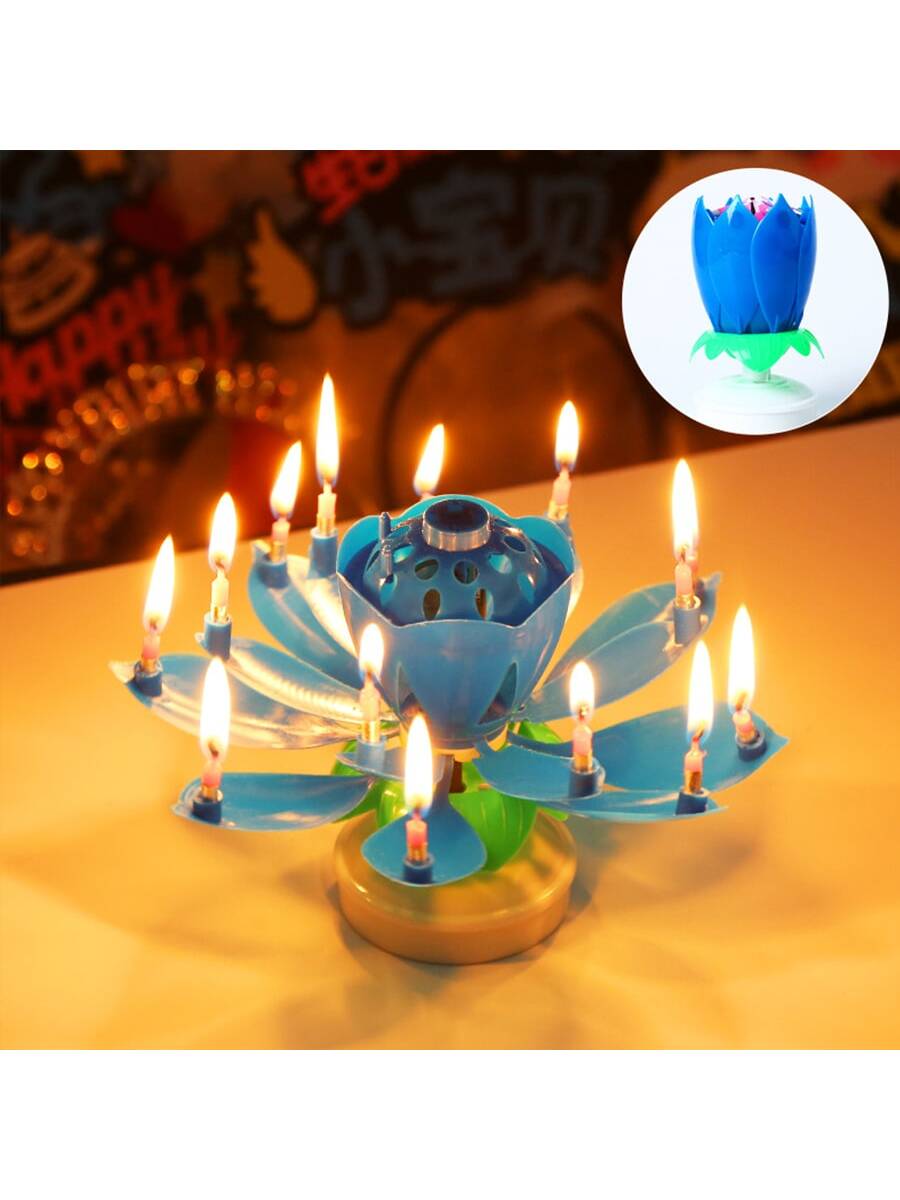 1pc Blue Birthday Candle Electronic Lotus Double Layer Blooming Rotating Birthday Party Atmosphere Cake Decoration Creative Music Candle Magic Candle