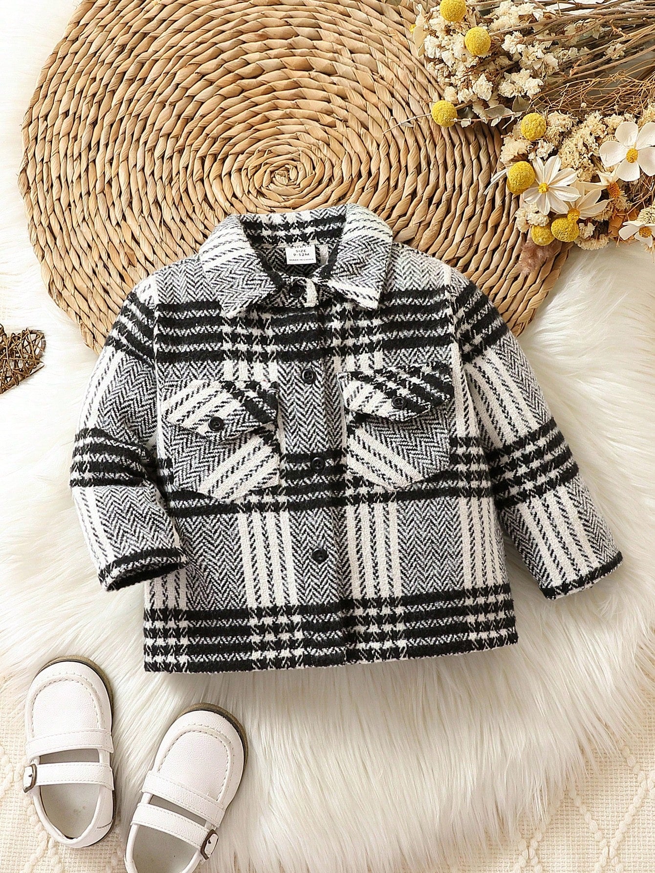 Baby Girl Plaid Print Flap Pocket Button Front Coat