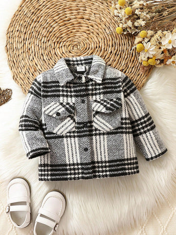 Baby Girl Plaid Print Flap Pocket Button Front Coat