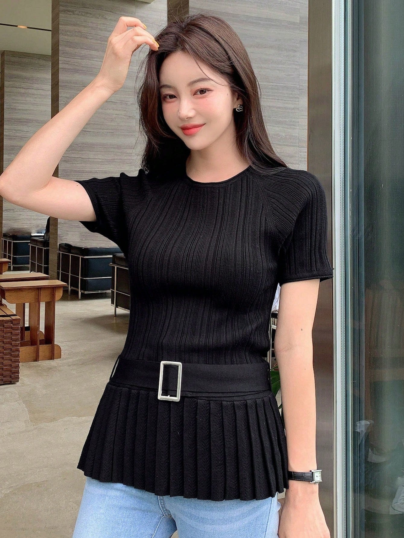 Solid Pleated Hem Knit Top