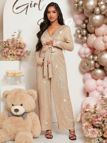 Maternity Sequin Belted Wide Leg Jumpsuit