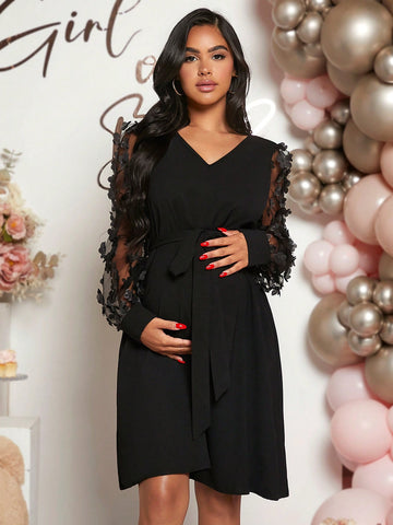 Maternity Contrast Mesh Appliques Belted Dress