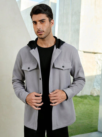 Men Flap Detail Hooded Loose Coat