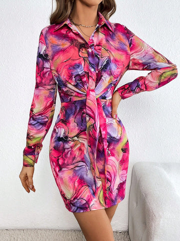 Allover Print Tie Front Shirt Dress