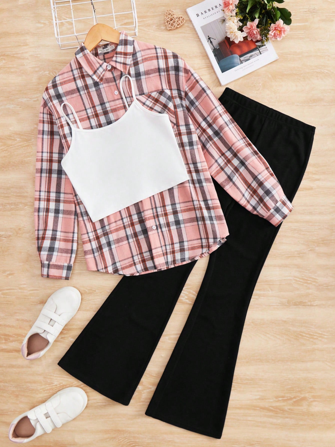 Teen Girl Plaid Print Drop Shoulder Shirt & Flare Leg Pants With Cami Top