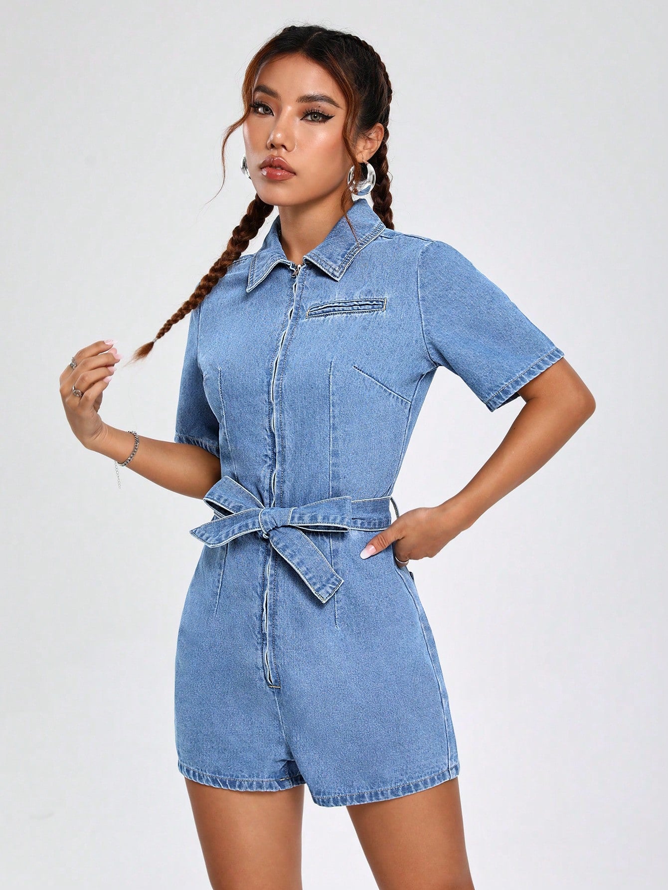 Zip Front Belted Denim Romper