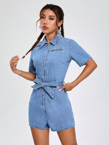 Zip Front Belted Denim Romper