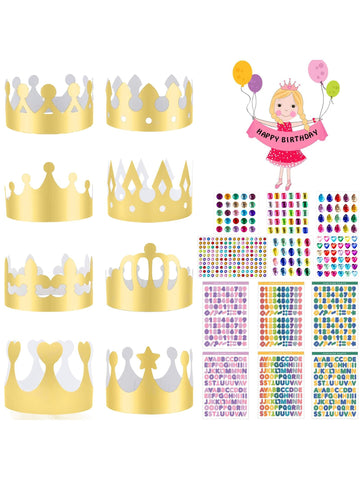 Golden Paper Crowns, 8 Pieces Gold King Crown Cardboard With Gemstones Self-Adhesive And Stickers, DIY Party Gold Foil Crown Hat For Boys Girls Princess Birthday Party