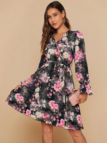 Floral Print Flounce Sleeve Belted Dress