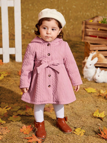 Baby Girl Button Front Hooded Belted Coat