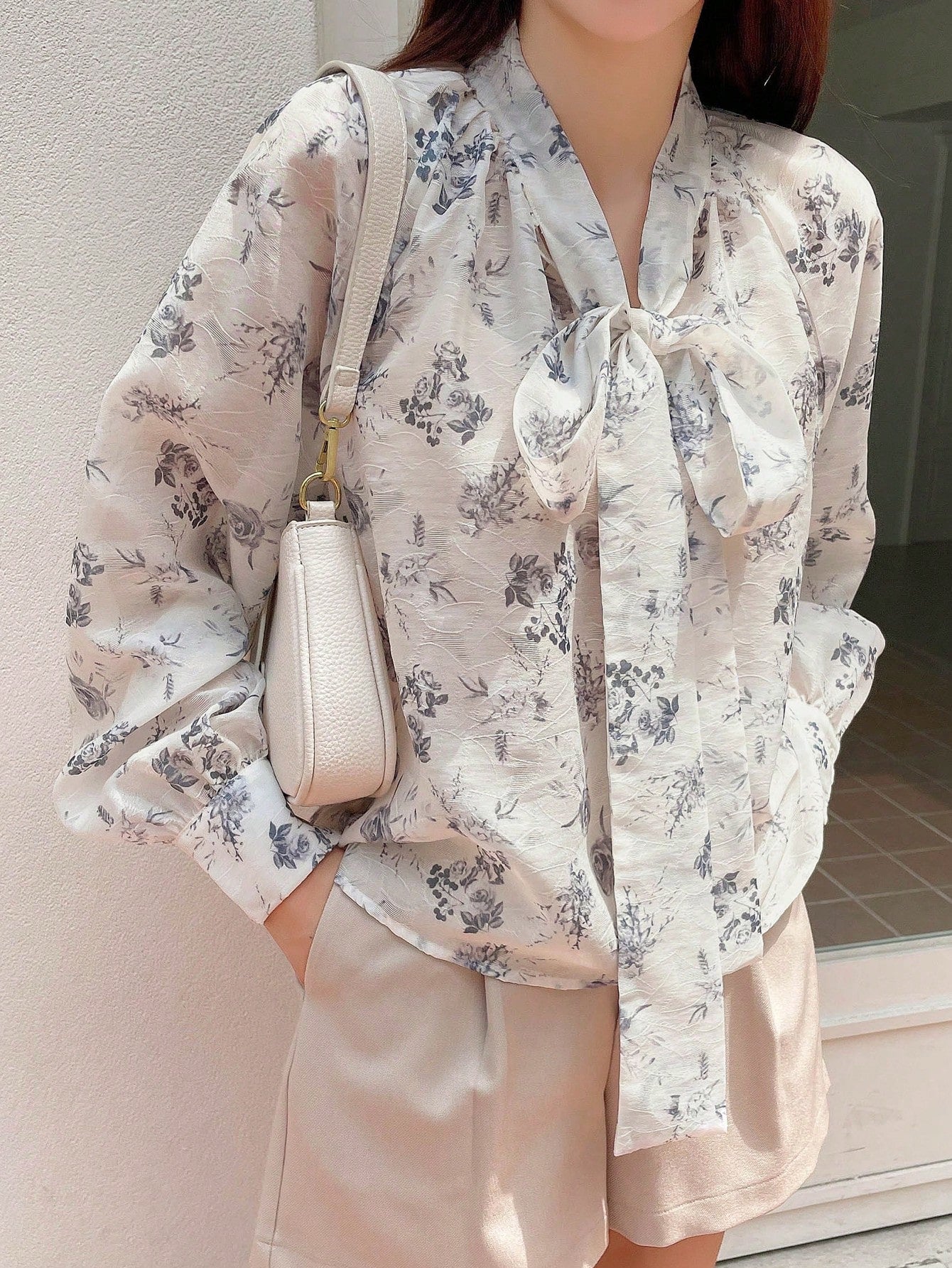 Floral Print Raglan Sleeve Tie Neck Blouse