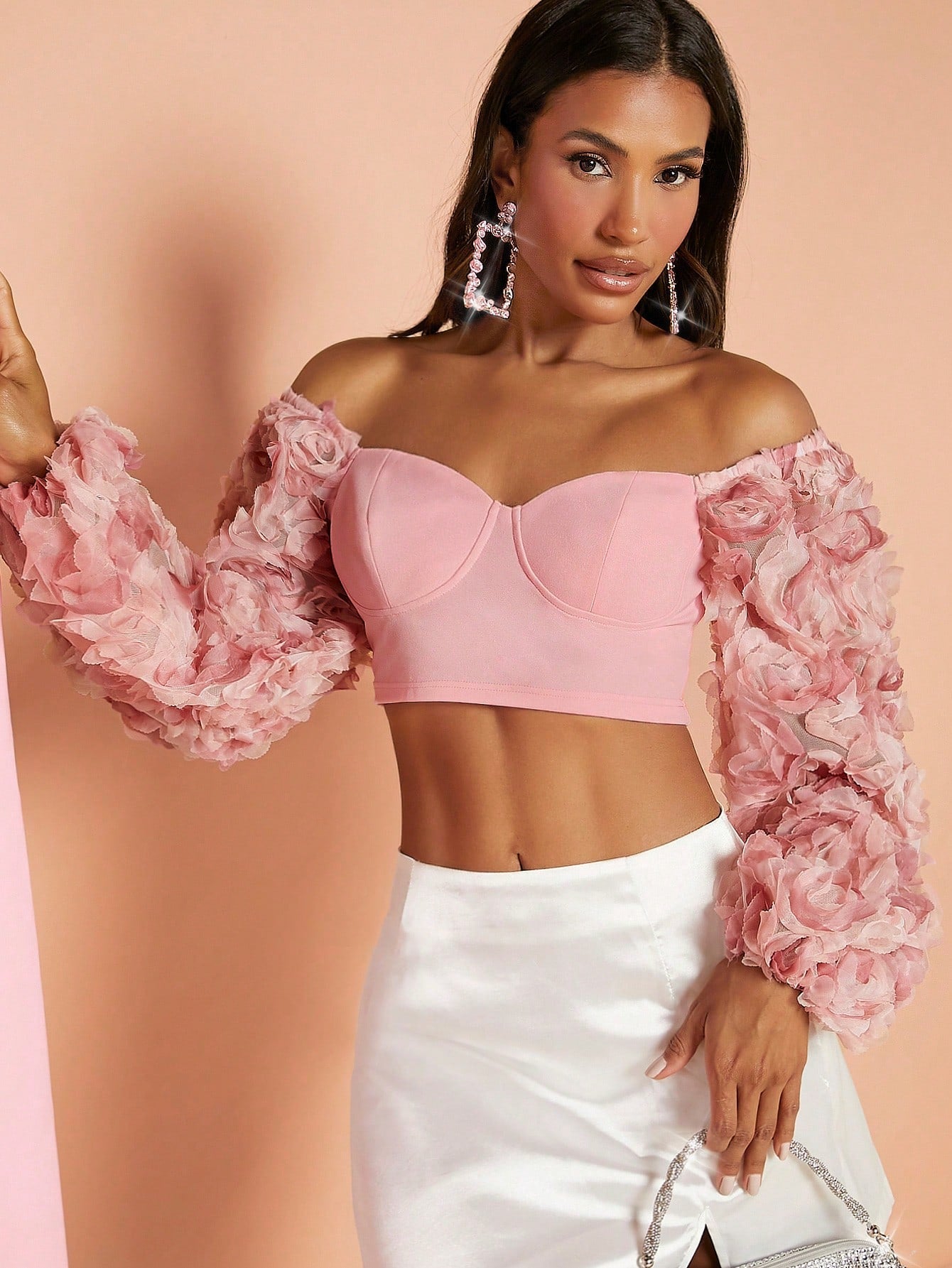 Off Shoulder Appliques Detail Lantern Sleeve Crop Top