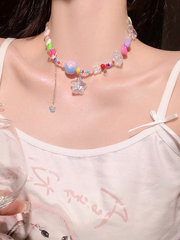 1pc Candy Color Colorful Beads Stars Love Cute Choker Color Splicing Acrylic DIY Y2K Dopamine Necklace Charm for Women Punk Accessory Star Pendant Necklace Gift Jewelry for Women Girls Children School Party