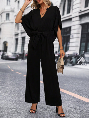 Notched Neck Batwing Sleeve Belted Wide Leg Jumpsuit