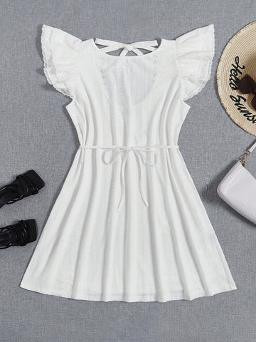 Plus Eyelet Embroidery Ruffle Trim Belted Dress