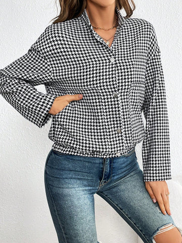 Houndstooth Print Drop Shoulder Slant Pocket Button Front Jacket