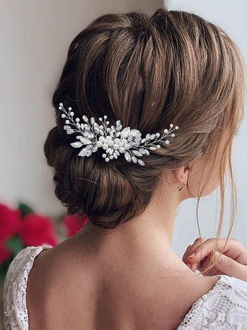 1pc Women Leaf & Faux Pearl Decor Fashionable Bridal Hair Comb For Wedding Party Elegant Tiaras
