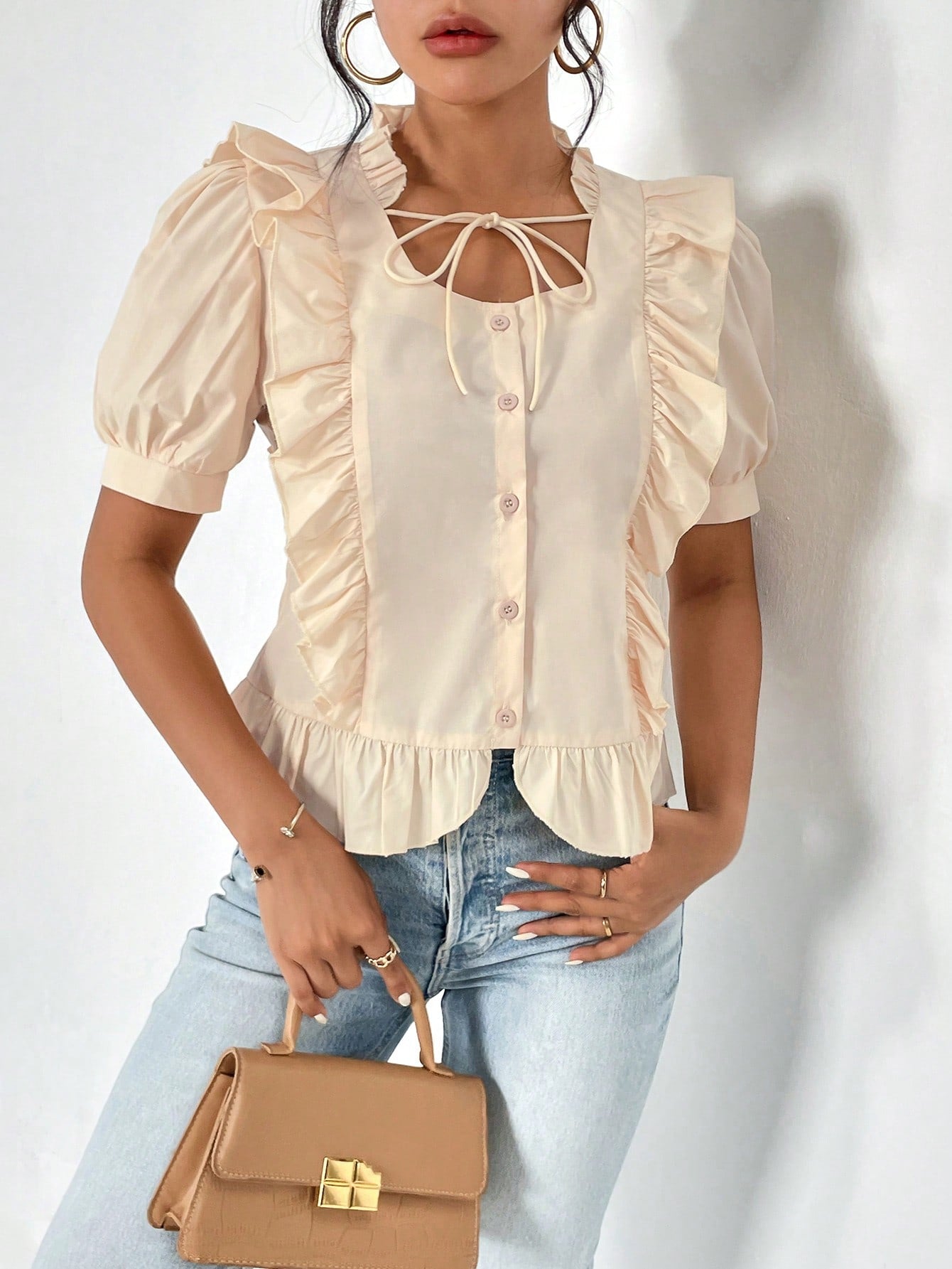 Tie Neck Ruffle Trim Puff Sleeve Blouse