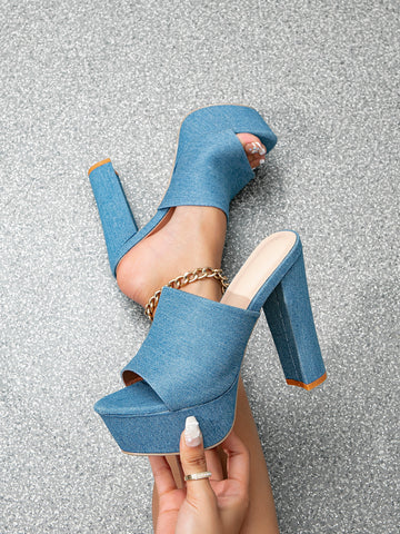 Women's Blue Denim Fabric Waterproof Platform Chunky High Heel Sandals