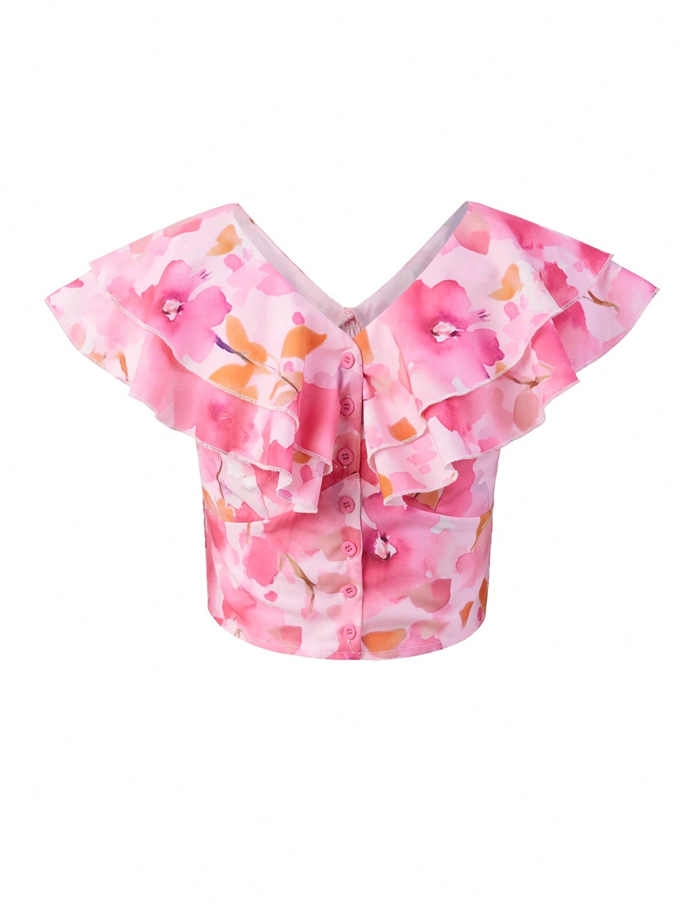 Floral Print Ruffle Trim Crop Blouse