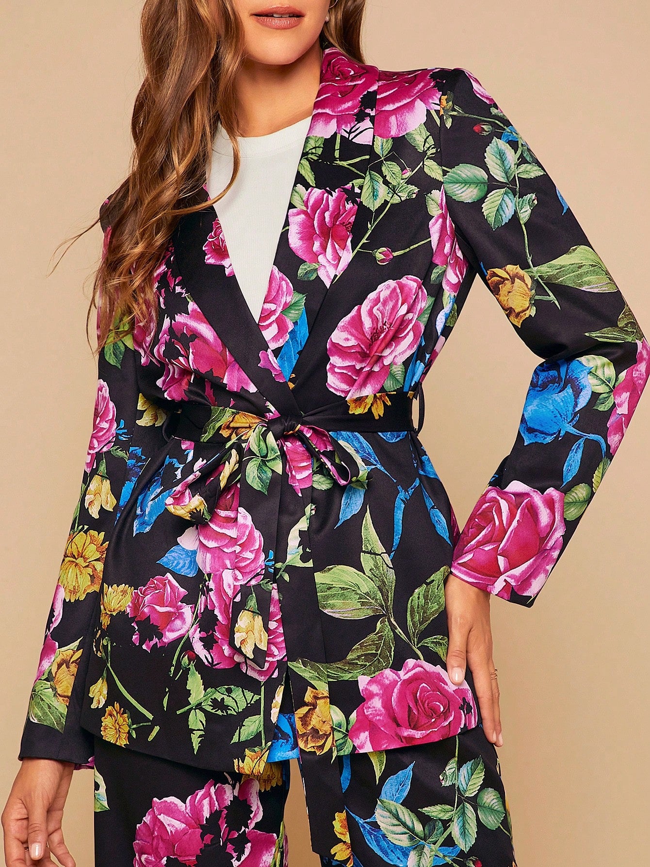 Floral Print Belted Blazer