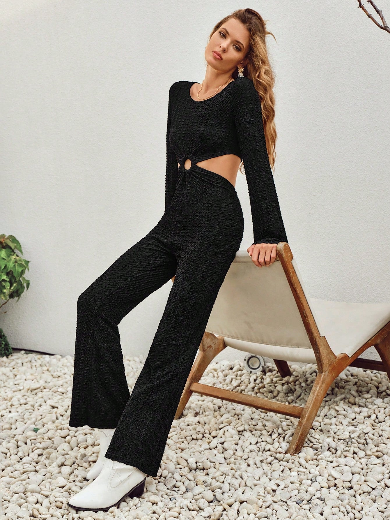 Cut Out Waist Flare Leg Jumpsuit