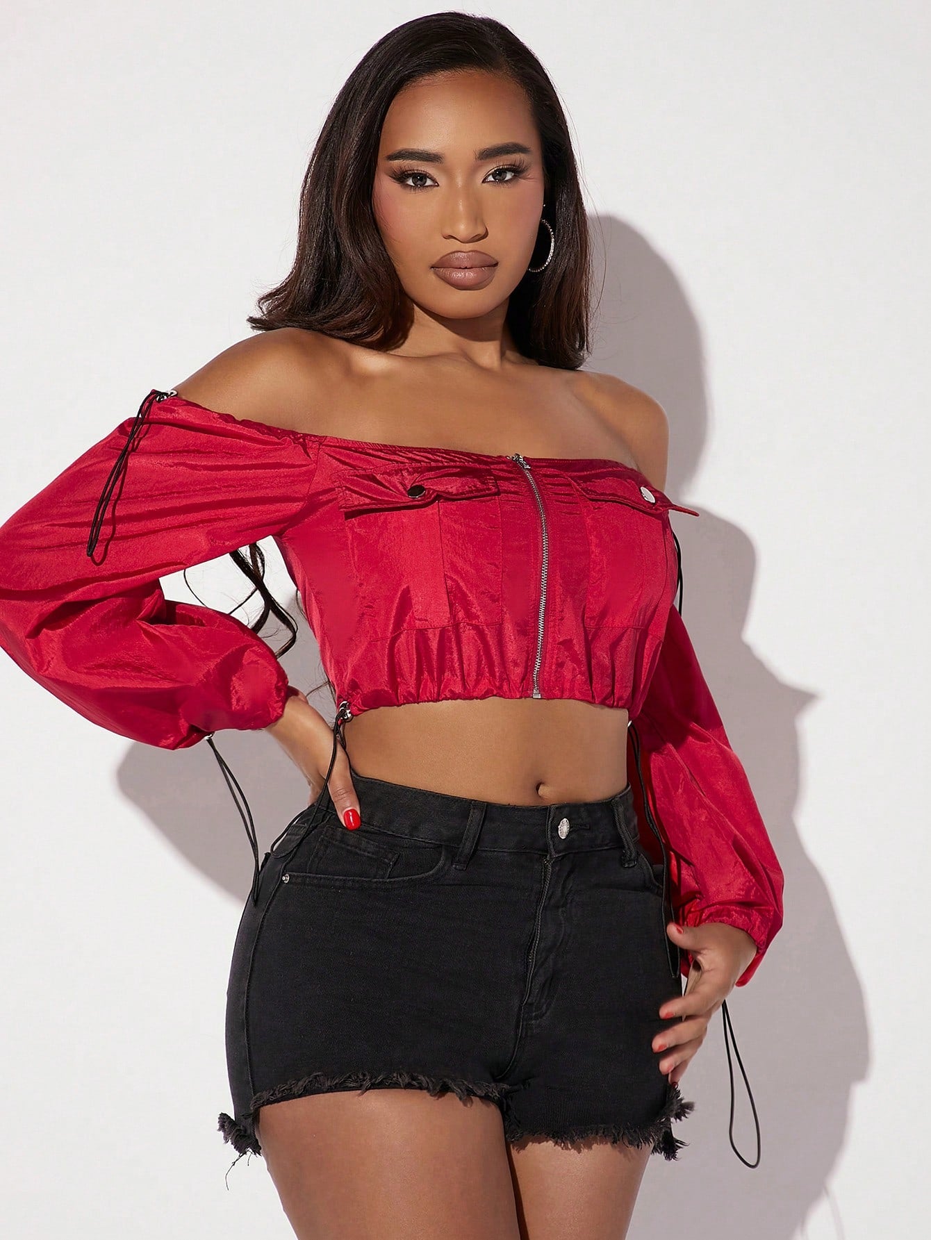 Off Shoulder Drawstring Detail Zip Up Crop Jacket