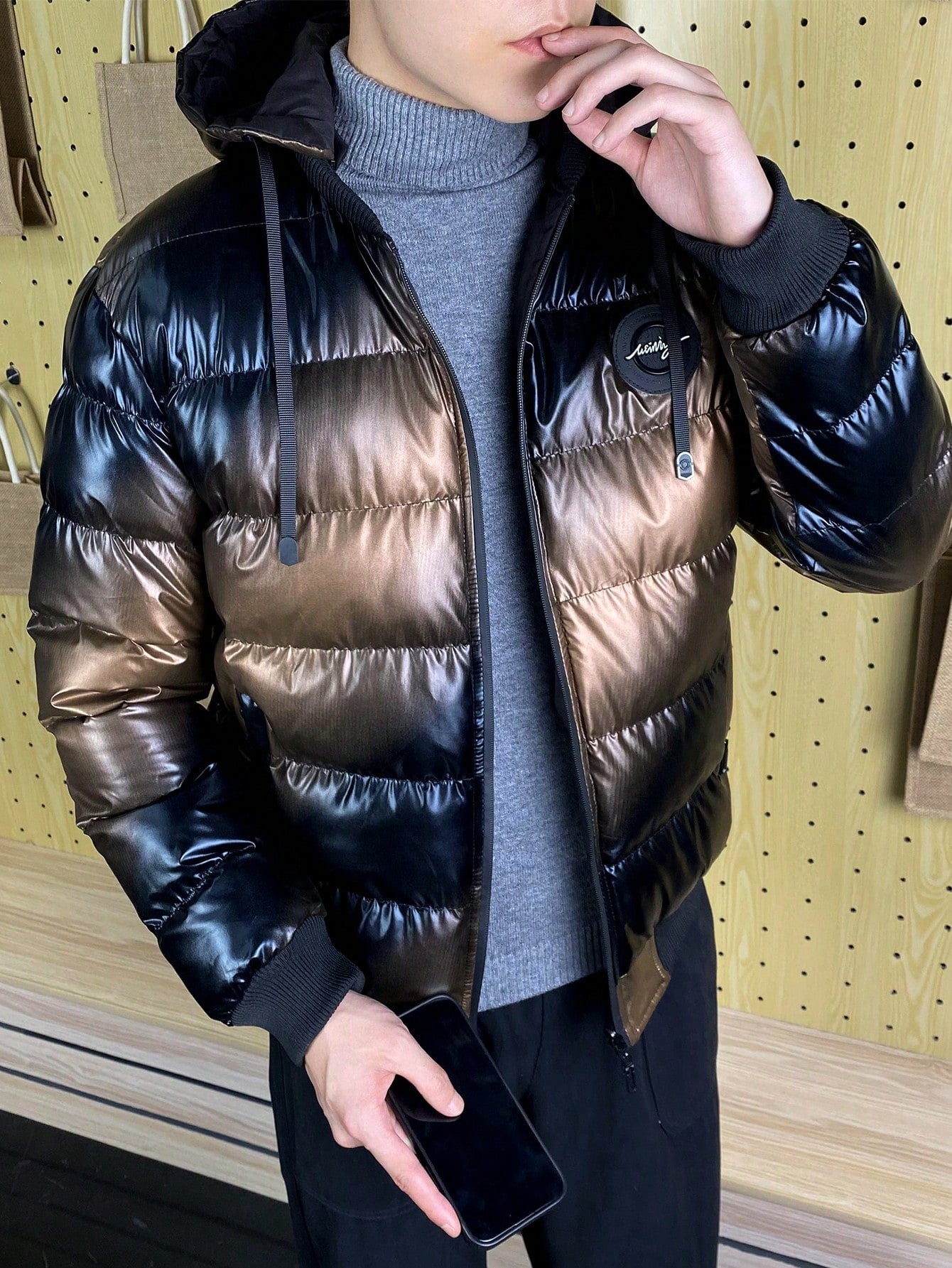 Men's Zip Up Drawstring Hooded Oversized Puffer Coat