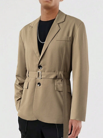 Men Lapel Neck Belted Blazer