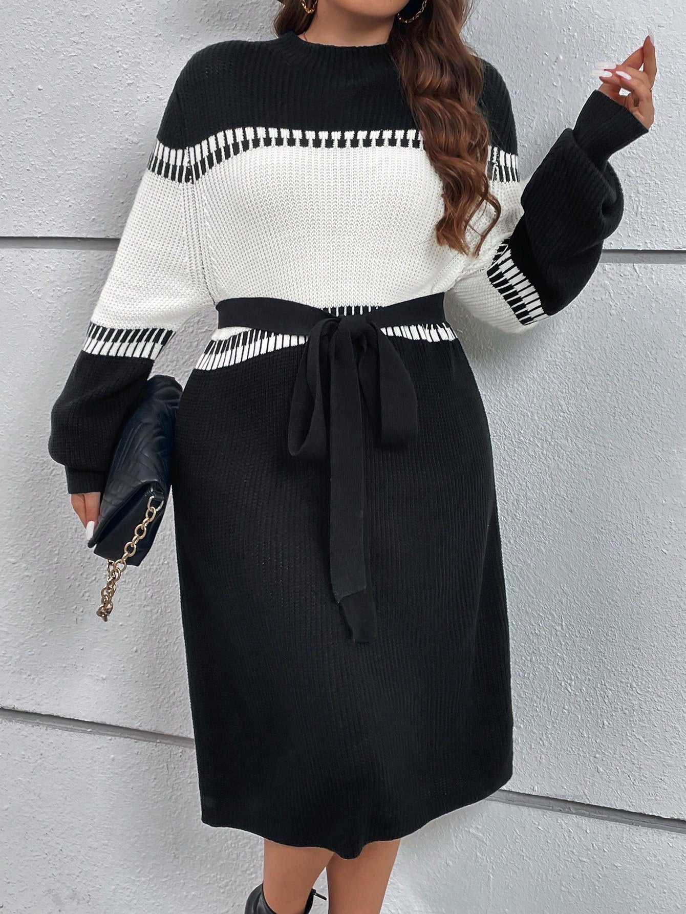 Plus Colorblock Drop Shoulder Belted Sweater Dress