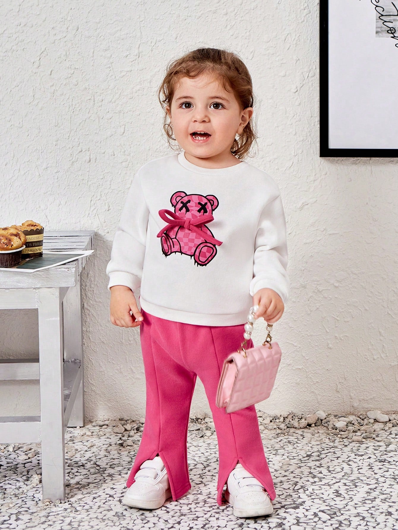 Baby Girl Cartoon Graphic Pullover & Split Hem Flare Leg Pants