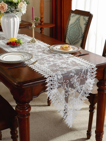 1pc Lace Table Runner Made Of Net Fabric, With Exquisite Embroidery & Sparkling Craft, And Soluble Hollow Out Lace Ribbon Decoration, Perfect For Kitchen Table, Dining Table, Home Decor, Family Gathering, Festival Celebration, Indoor/Outdoor Party And Wed