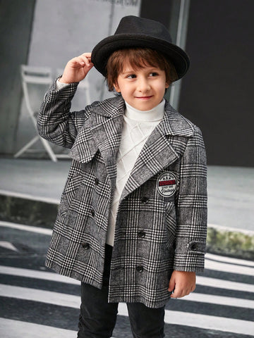 Young Boy Houndstooth Print Patch Detail Double Breasted Overcoat for Christmas