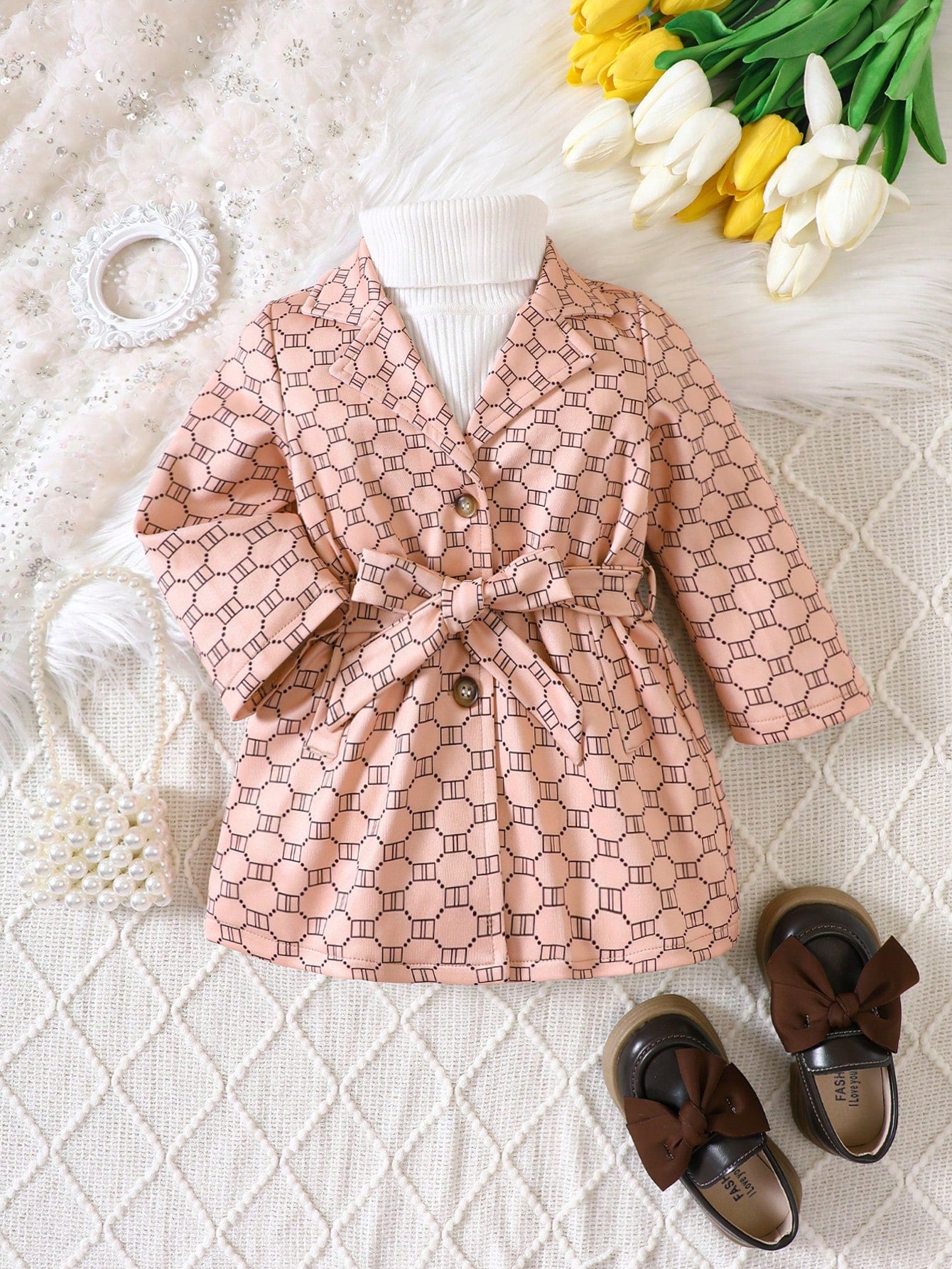 Baby Girl Allover Print Belted Coat Without Sweater