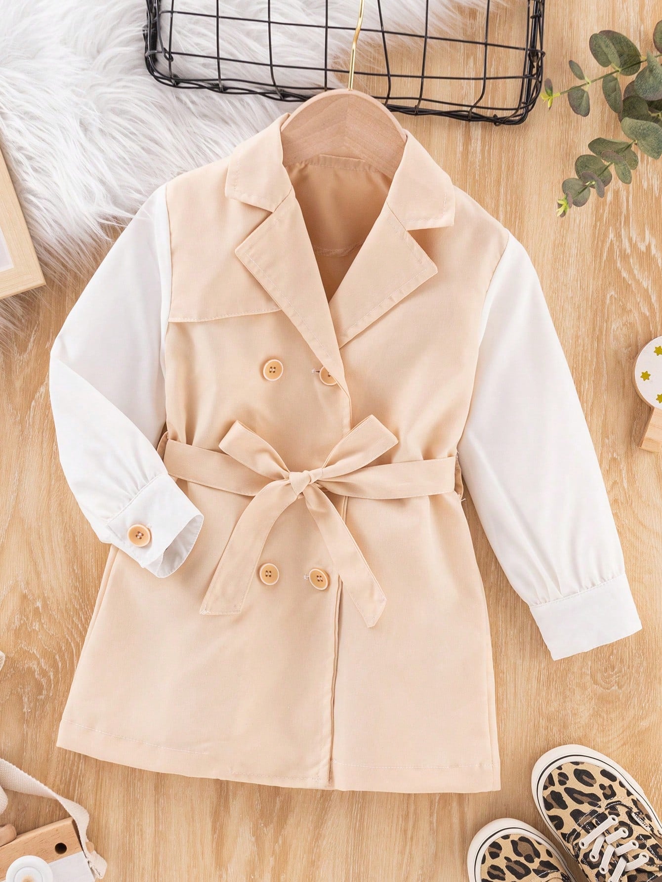 Young Girl Two Tone Double Breasted Belted Trench Coat